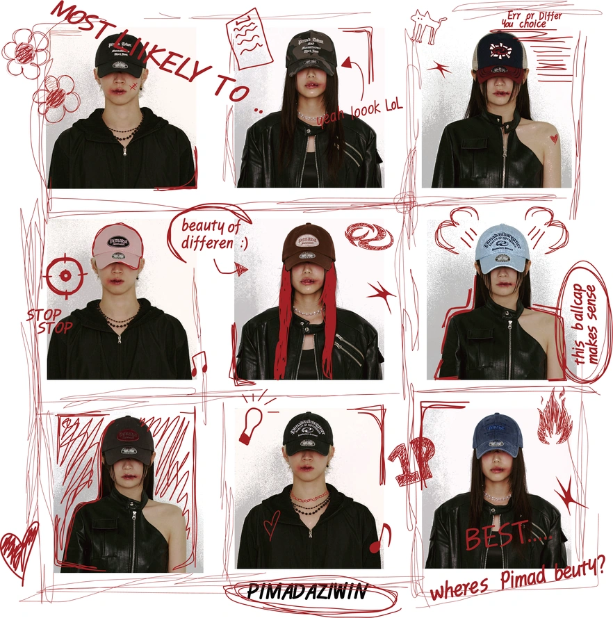 A red hand-drawn fashion contact sheet