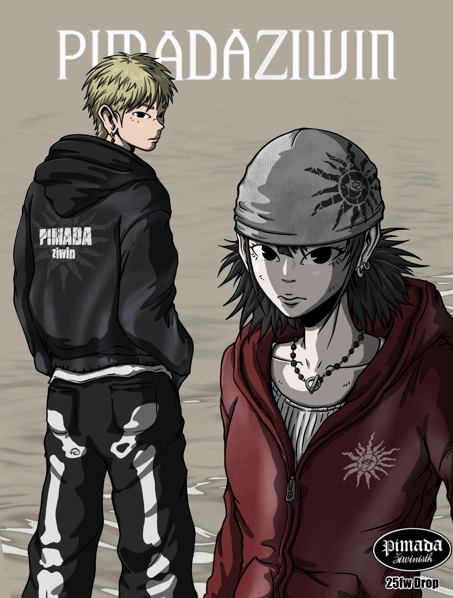 An illustrated fashion scene in charcoal and burgundy