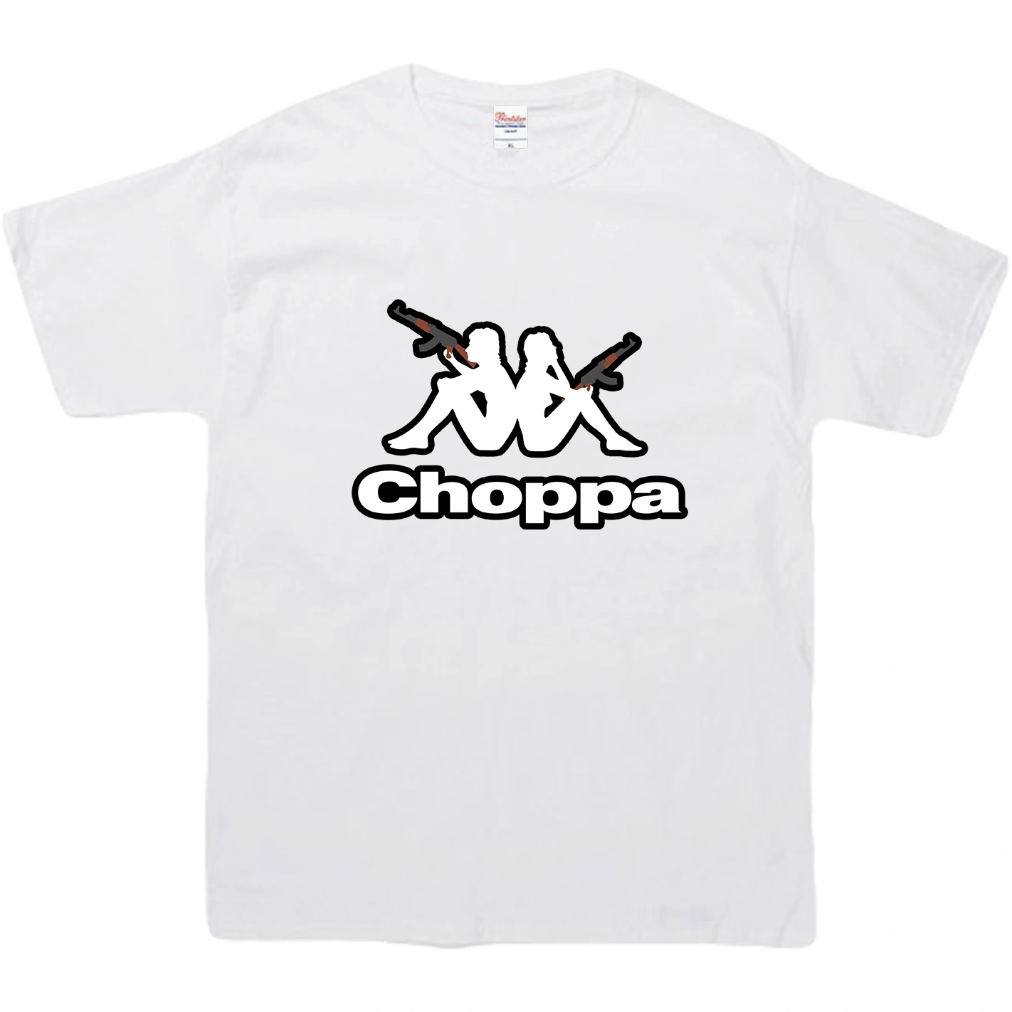 A white T-shirt with a bold black graphic