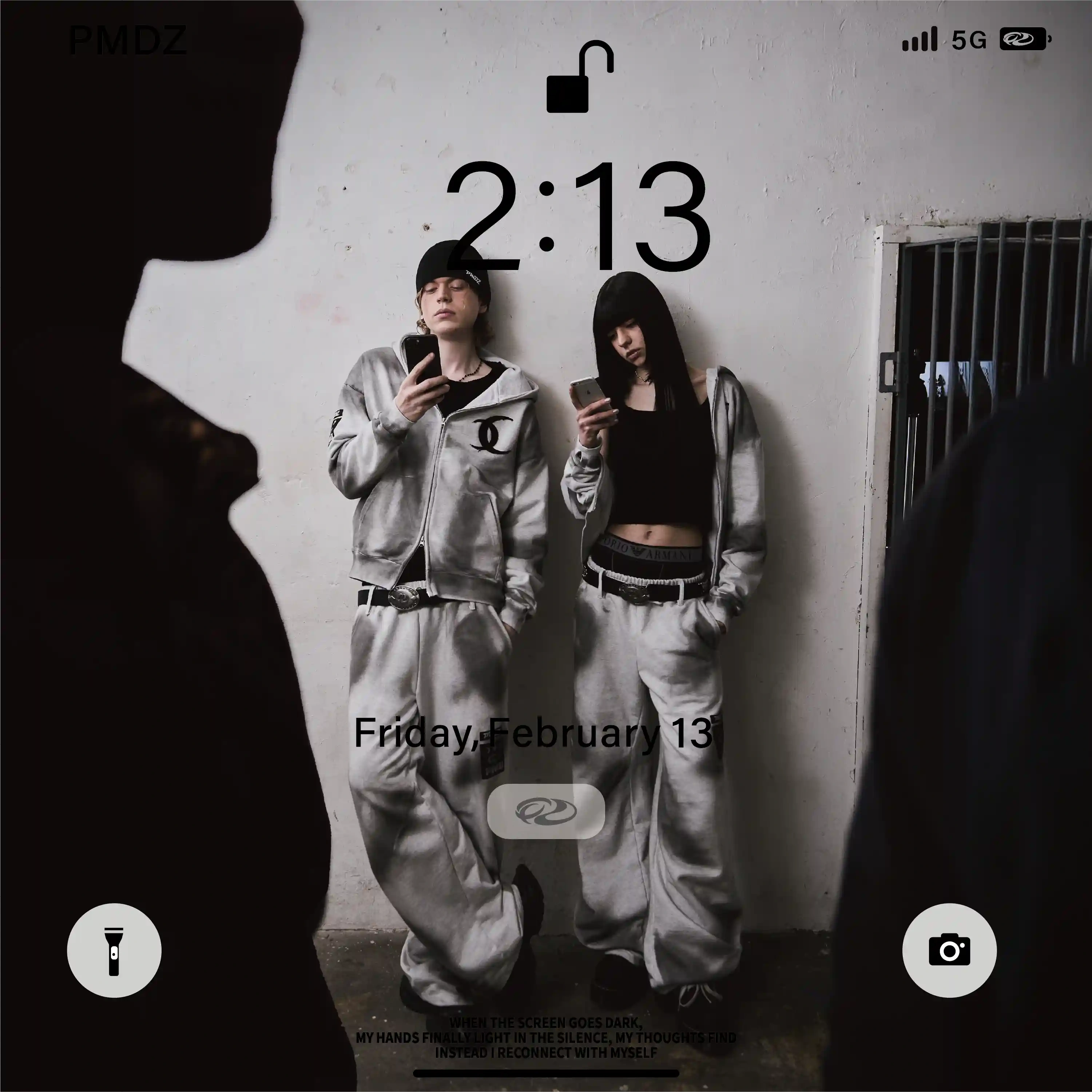 A monochrome lock-screen fashion composition