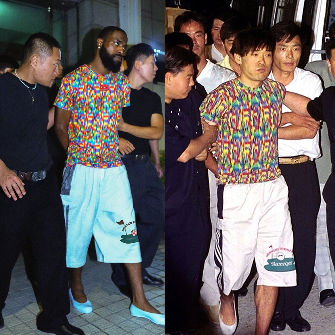 Two flash-lit street scenes with a multicoloured T-shirt