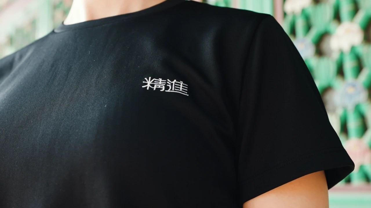 An embroidered black T-shirt beside a temple